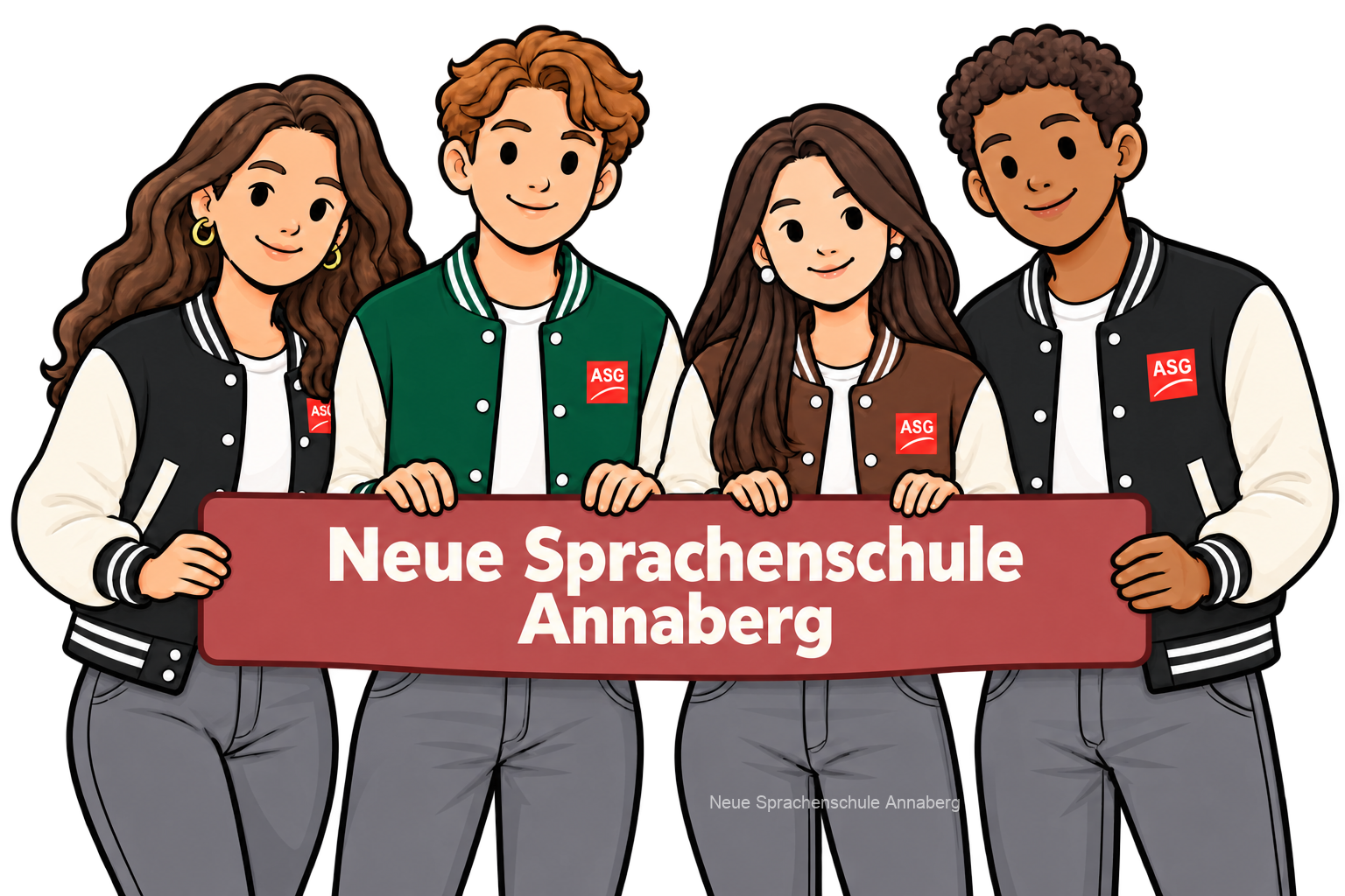 Internationale Jugendliche in ASG-Schuljacken mit einem Schild der Neuen Sprachenschule Annaberg